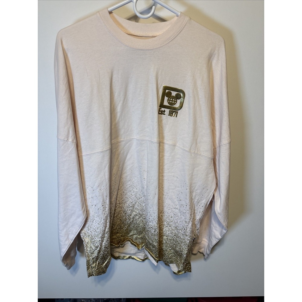 Walt Disney World Spirit light pink Shirt Gold Graphic Splatter Long Sleeve New